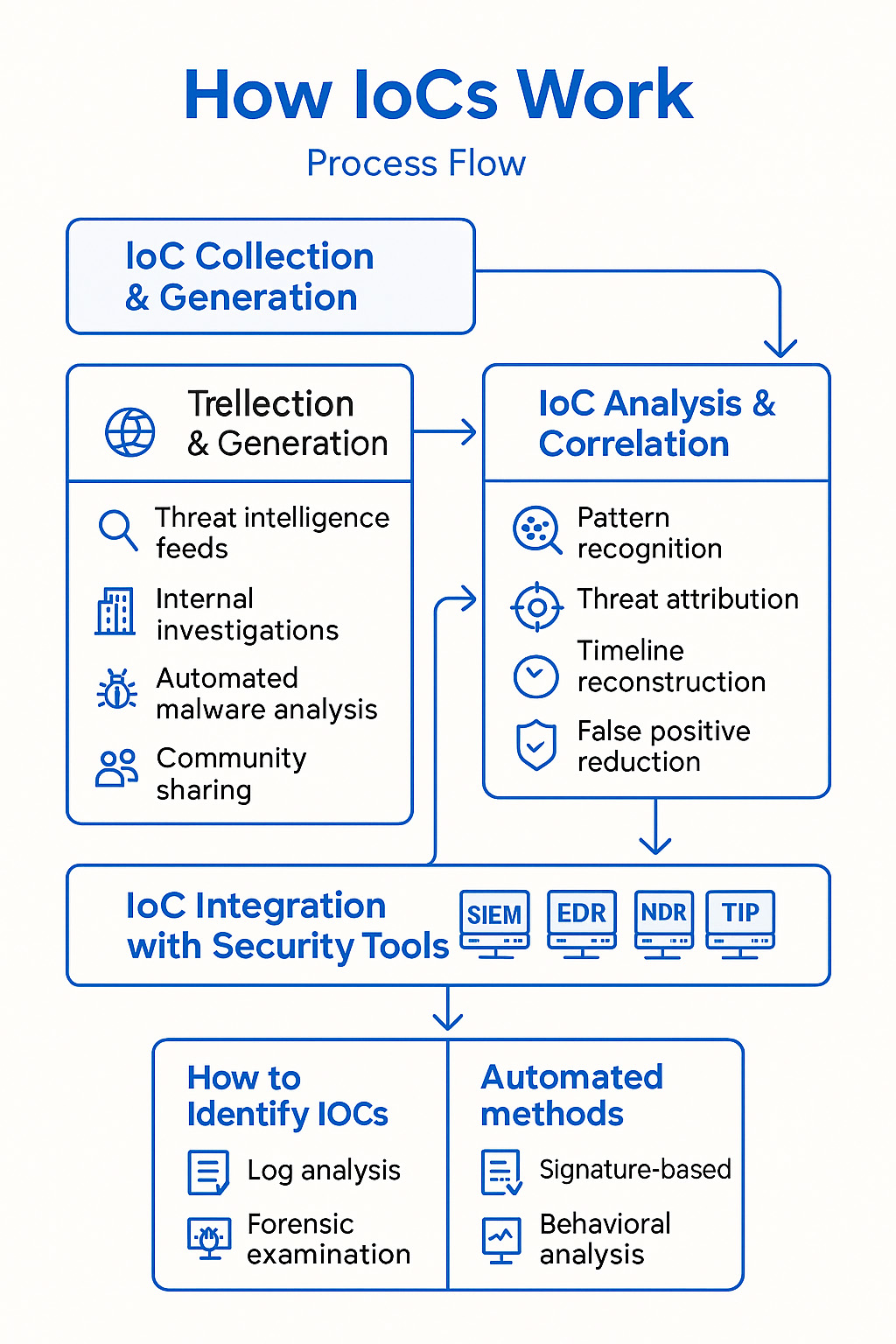 A flowchart infographic showing the lifecycle of Indicators of Compromise (IoCs) in four stages: "IoC Collection & Generation," "IoC Analysis & Correlation," "IoC Integration with Security Tools," and "How to Identify IoCs." Each stage includes icons and short descriptions: for example, threat intelligence feeds, pattern recognition, SIEM/EDR/NDR tools, and analysis methods like log review and behavioral analysis.