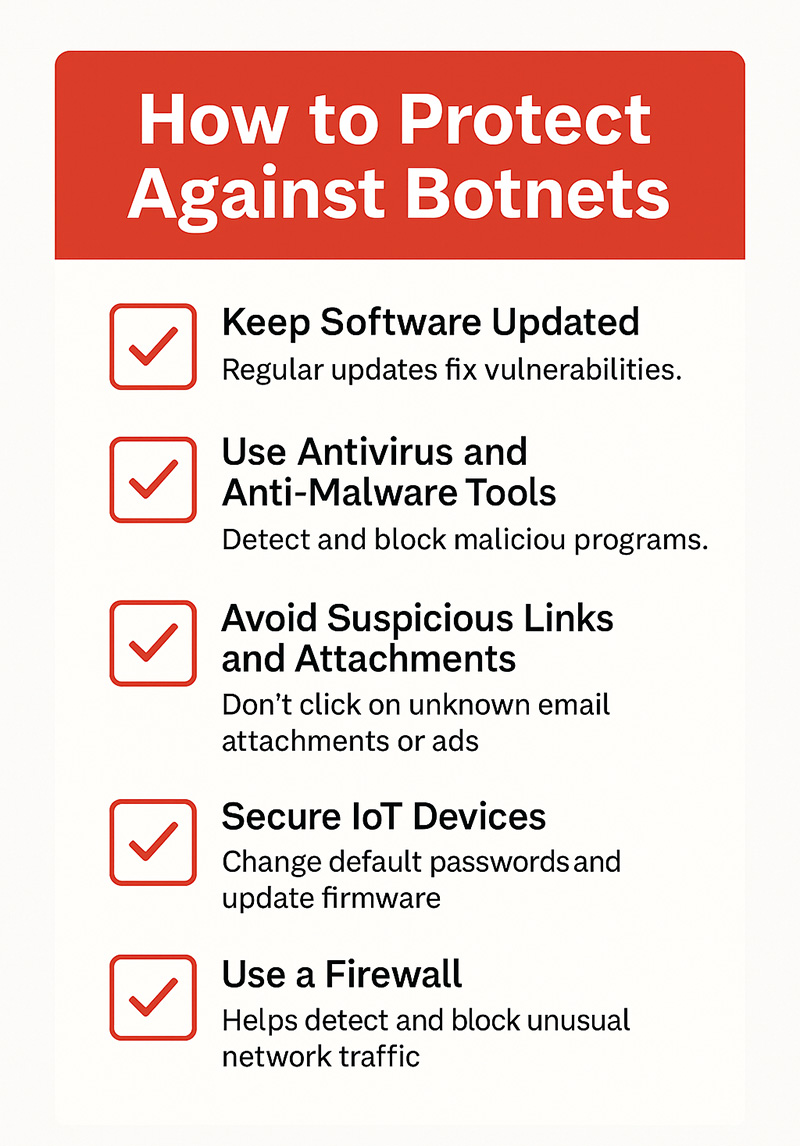 A checklist of ways to protect against botnets: Keep software updated, use antivirus and anti-malware tools, avoid suspicious links, secure IoT devices, and use a firewall.
