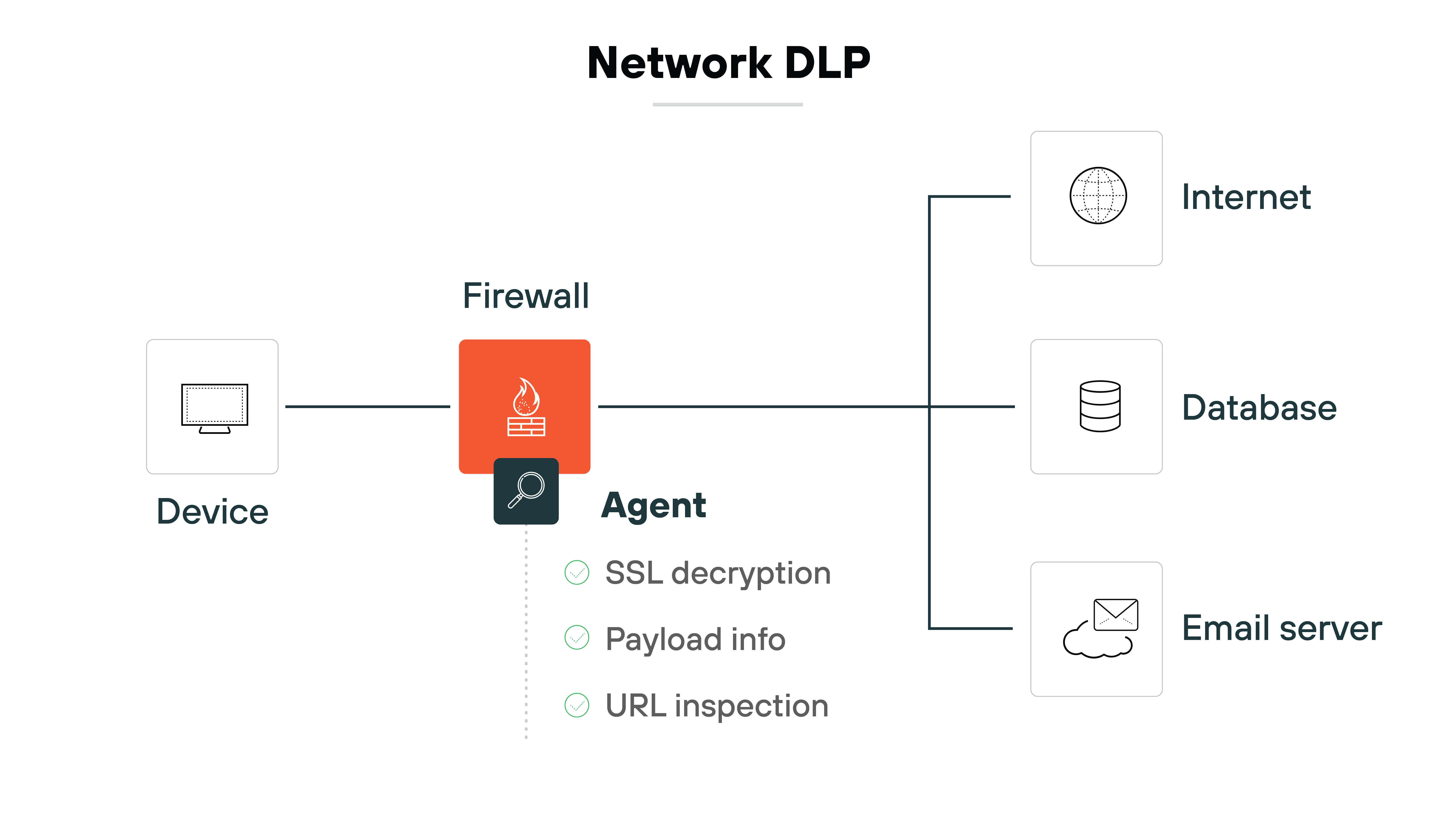 Architecture diagram titled 'Network DLP' showing a device icon on the left connected by a horizontal line to a red firewall icon in the center labeled 'Firewall.' Below the firewall, a section labeled 'Agent' includes three bullet points: 'SSL decryption,' 'Payload info,' and 'URL inspection.' From the firewall, a horizontal line extends to the right and branches into three elements arranged vertically and labeled 'Internet' with a globe icon, 'Database' with a stacked cylinder icon, and 'Email server' with an envelope over a cloud icon.